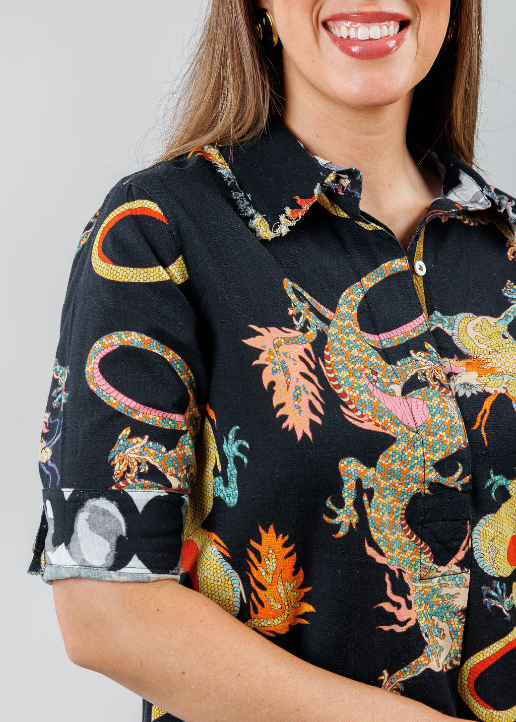 Dizzy-Lizzie Chatham Dress in Black with Dragon Print available at Barbara Katz