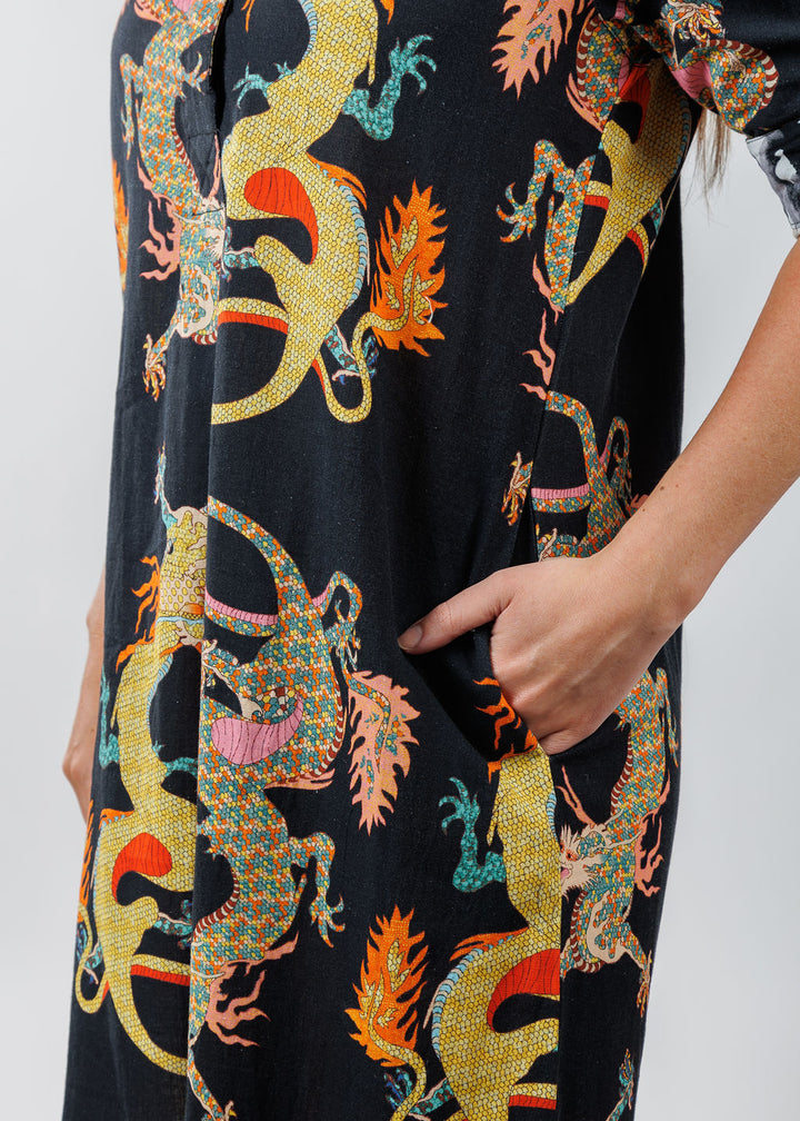 Dizzy-Lizzie Chatham Dress in Black with Dragon Print available at Barbara Katz