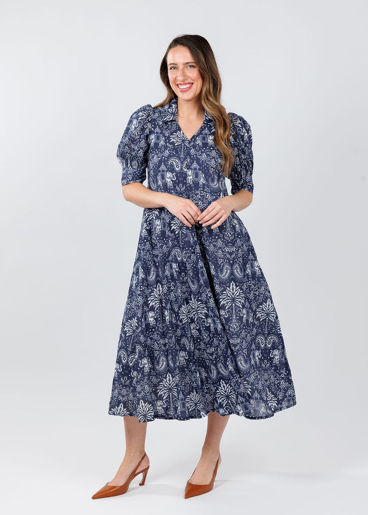 Dizzy-Lizzie Montauk Dress in Navy with Elephants & Palm Trees print available at Barbara Katz