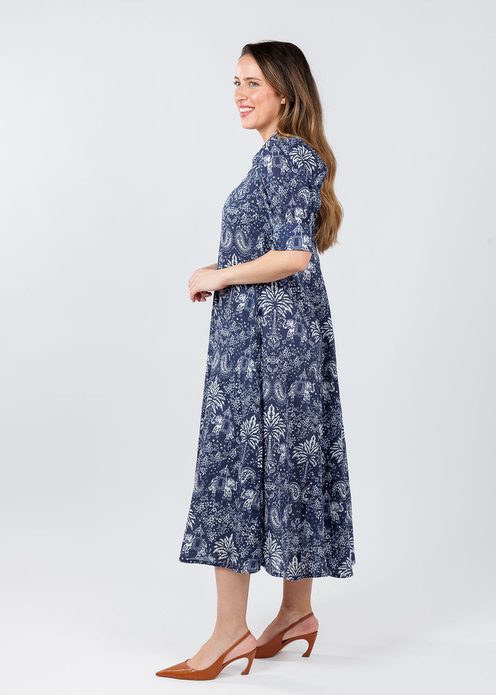 Dizzy-Lizzie Montauk Dress in Navy with Elephants & Palm Trees print available at Barbara Katz