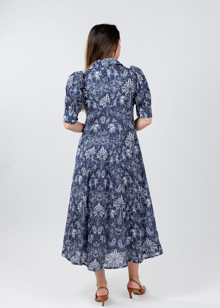 Dizzy-Lizzie Montauk Dress in Navy with Elephants & Palm Trees print available at Barbara Katz