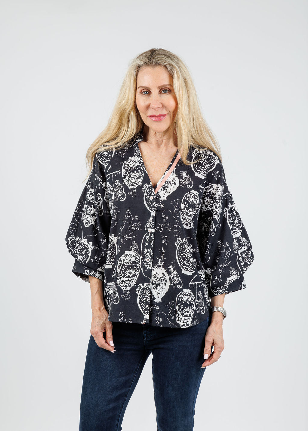 Dizzy-Lizzie Oversized Puff Sleeve Shirt in Black White available at Barbara Katz
