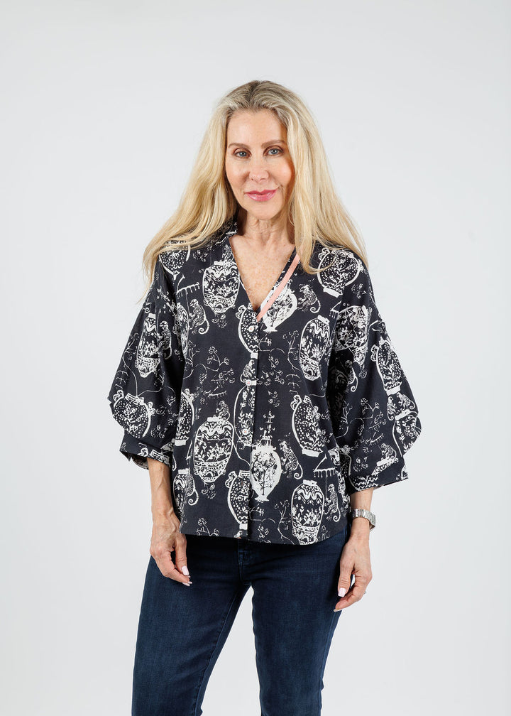 Dizzy-Lizzie Oversized Puff Sleeve Shirt in Black White available at Barbara Katz