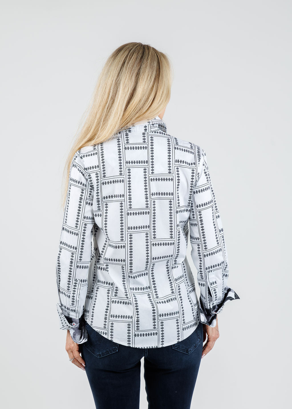 Dizzy-Lizzie Rome 3/4 Sleeve Shirt in Black White Tiles available at Barbara Katz