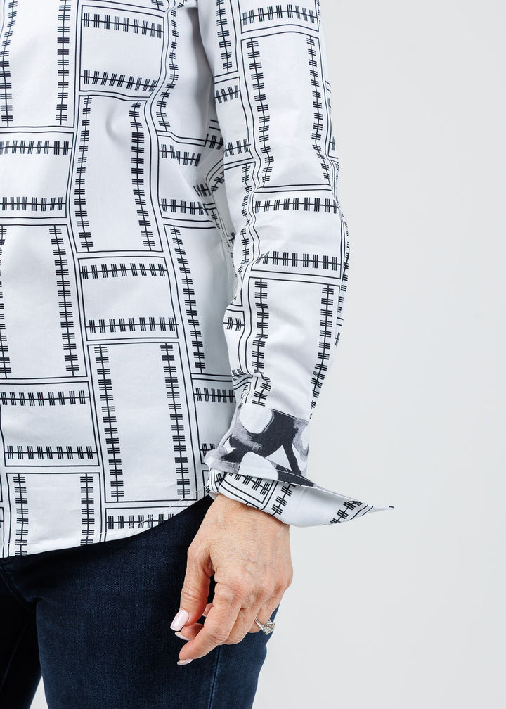 Dizzy-Lizzie Rome 3/4 Sleeve Shirt in Black White Tiles available at Barbara Katz