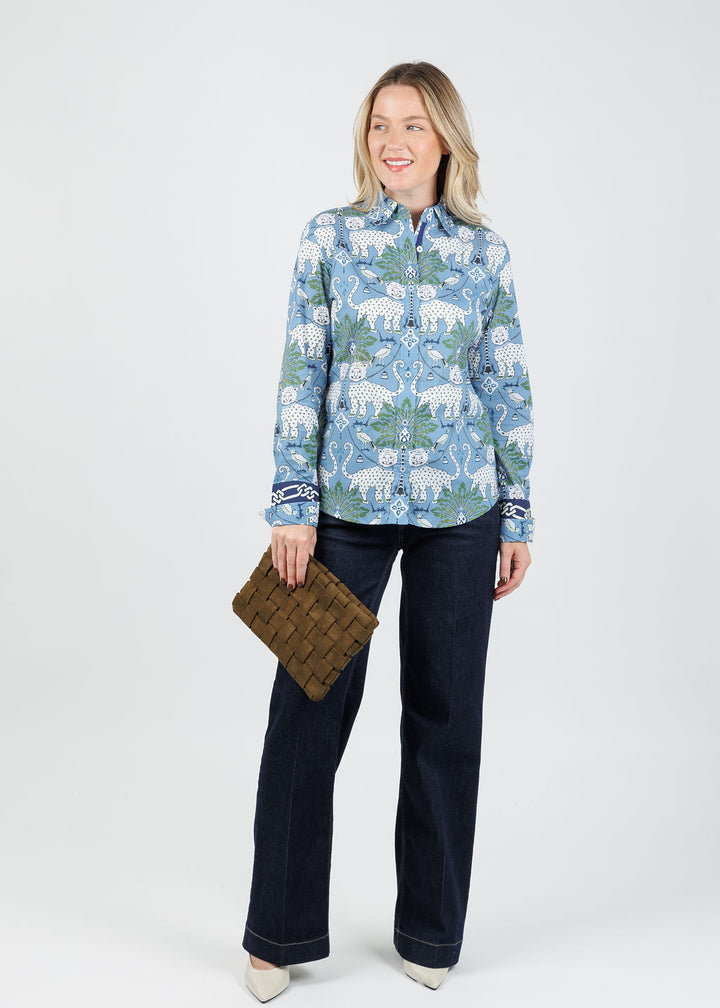 Dizzy-Lizzie Rome Shirt in Blue Animal Print available at Barbara Katz