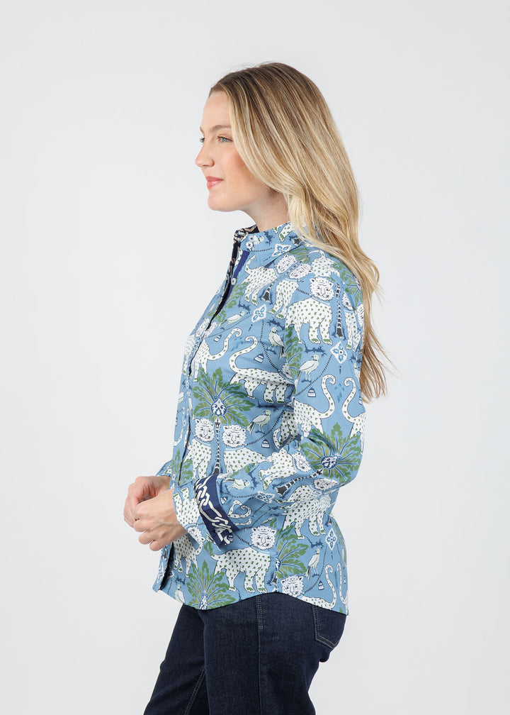 Dizzy-Lizzie Rome Long Sleeve Shirt in Blue Animal Print available at Barbara Katz