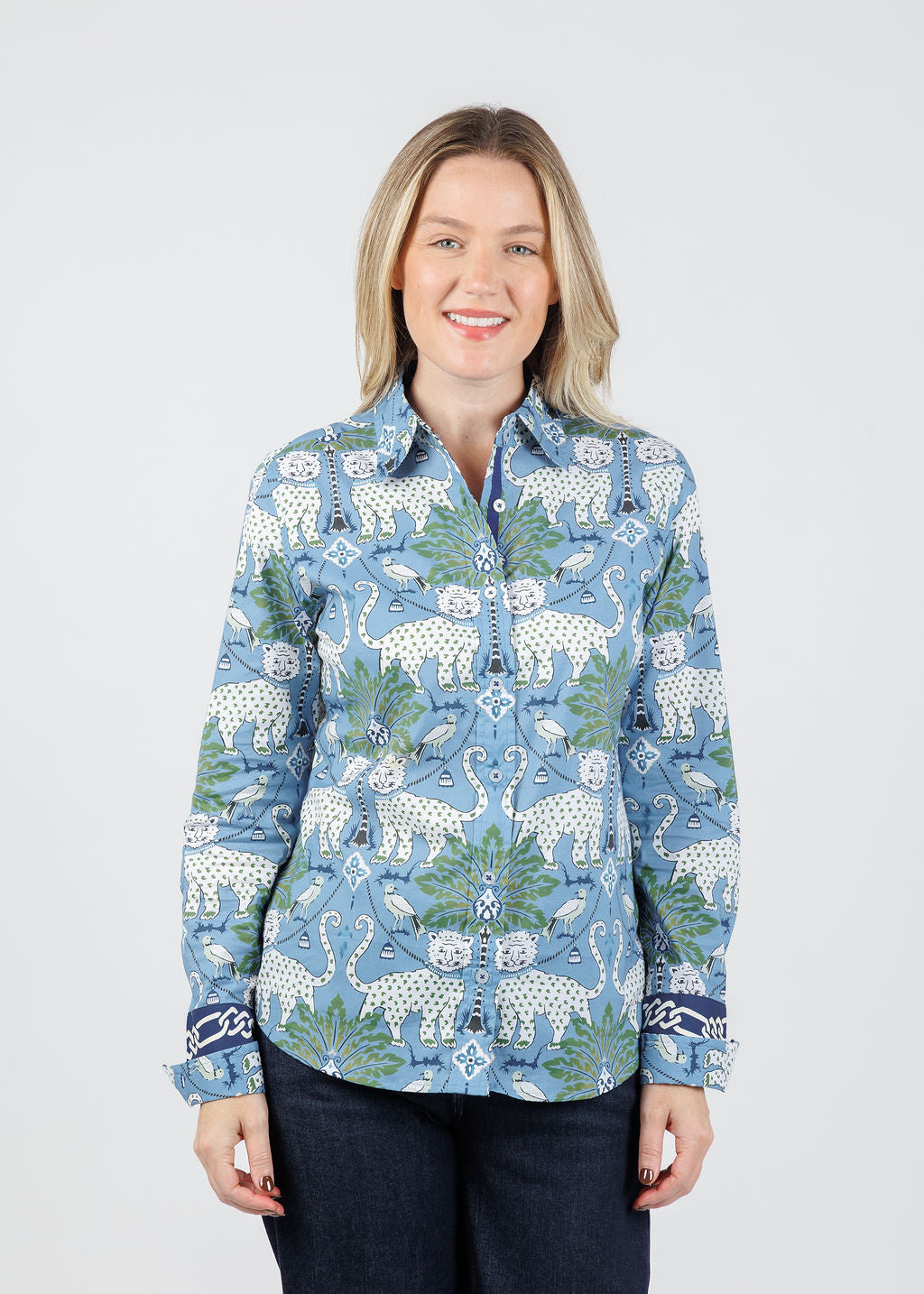 Dizzy-Lizzie Rome Shirt in Blue Animal Print available at Barbara Katz