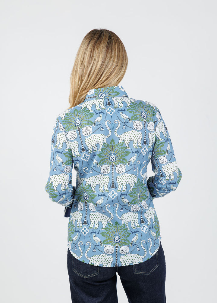Dizzy-Lizzie Rome Shirt in Blue Animal Print available at Barbara Katz