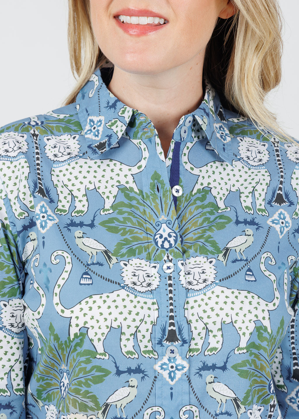 Dizzy-Lizzie Rome Shirt in Blue Animal Print available at Barbara Katz