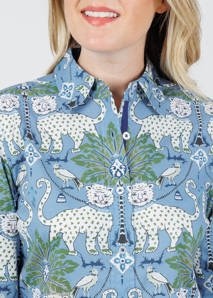 Dizzy-Lizzie Rome Shirt in Blue Animal Print available at Barbara Katz