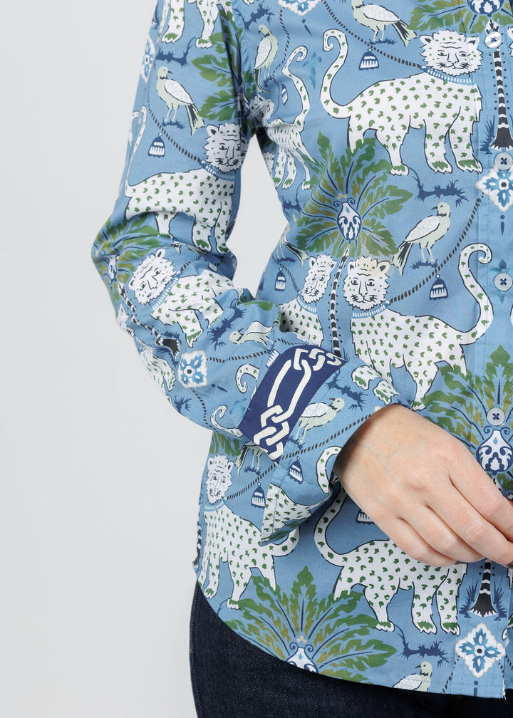 Dizzy-Lizzie Rome Shirt in Blue Animal Print available at Barbara Katz
