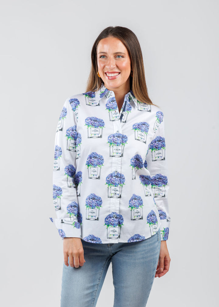Dizzy-Lizzie Rome Shirt in White with Perfume and Hydrangeas print available at Barbara Katz