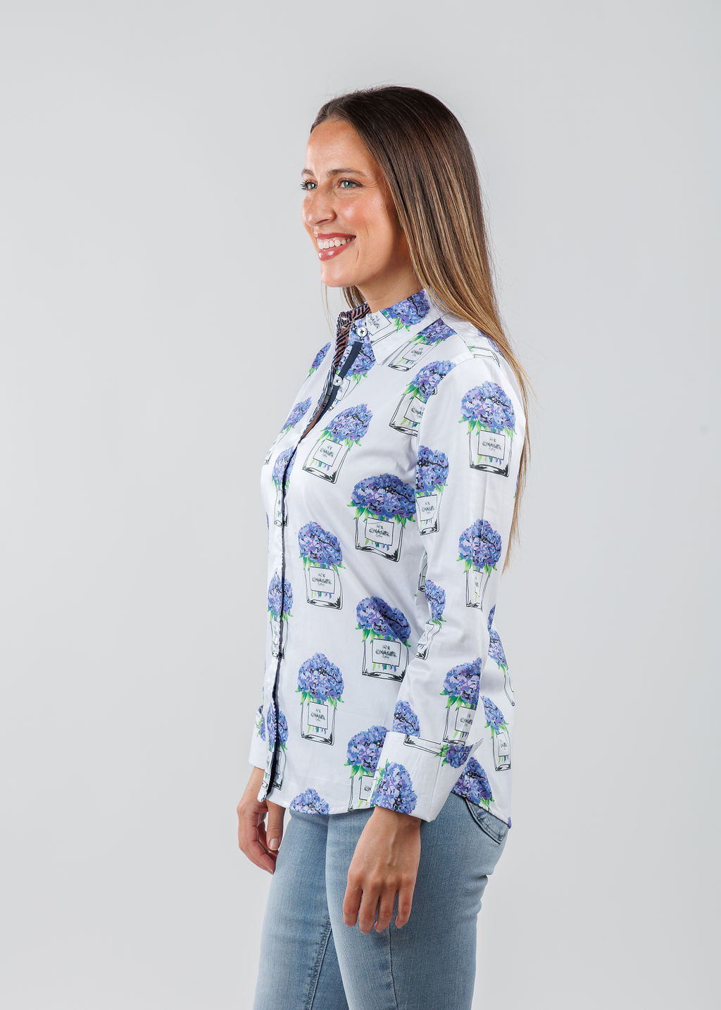 Dizzy-Lizzie Rome Long Sleeve Shirt in White with Perfume and Hydrangeas print available at Barbara Katz