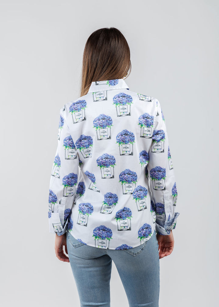 Dizzy-Lizzie Rome Shirt in White with Perfume and Hydrangeas print available at Barbara Katz