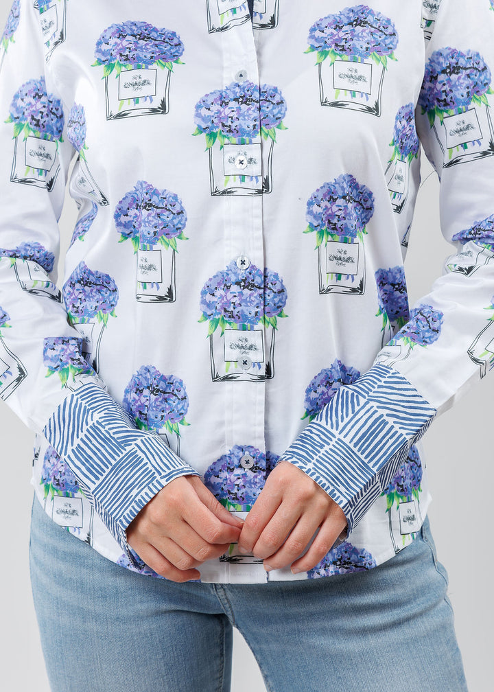 Dizzy-Lizzie Rome Shirt in White with Perfume and Hydrangeas print available at Barbara Katz