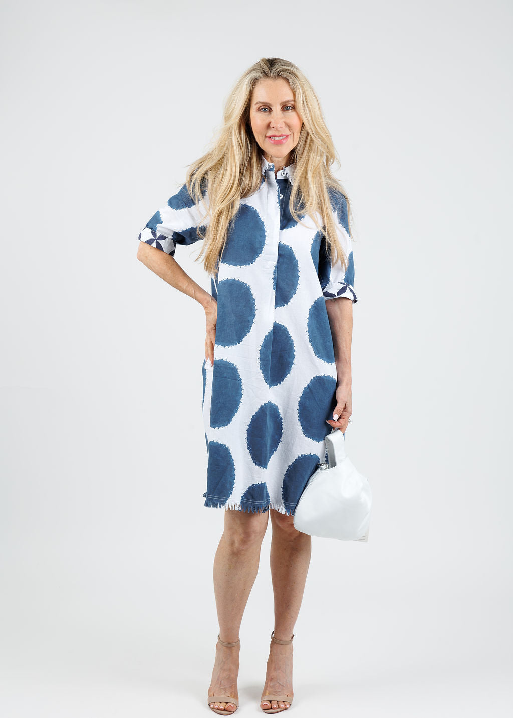 Dizzy-Lizzie Chatham Dress in Big Navy Dot Print with Daniella Lehavi Luna Bag in White available at Barbara Katz
