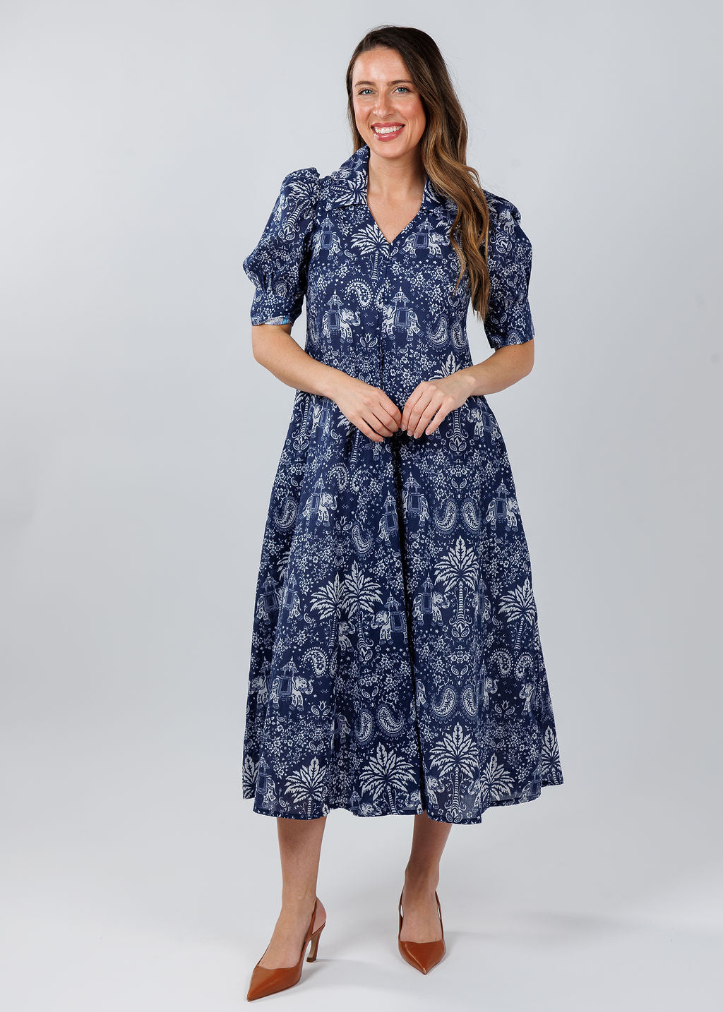 Dizzy-Lizzie Montauk Dress in Navy with Elephants & Palm Trees print available at Barbara Katz