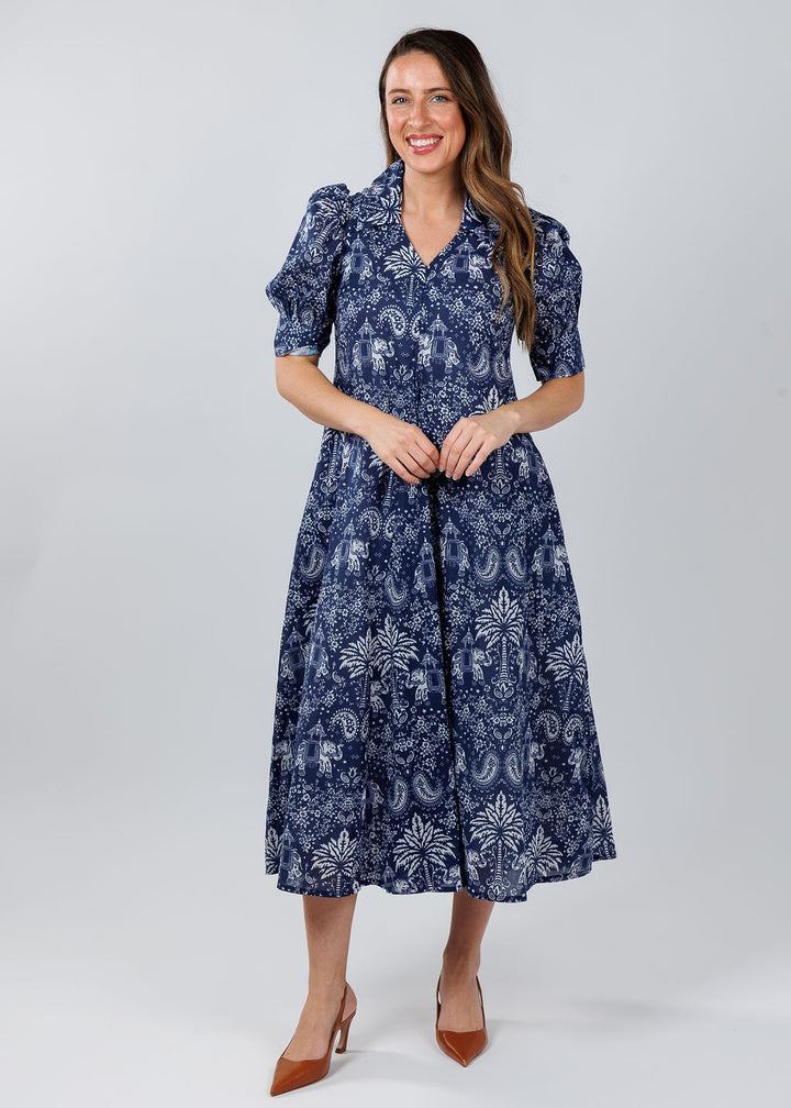 Dizzy-Lizzie Montauk Dress in Navy with Elephants & Palm Trees print available at Barbara Katz