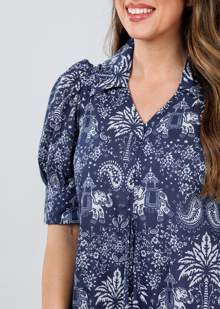 Dizzy-Lizzie Montauk Dress in Navy with Elephants & Palm Trees print available at Barbara Katz