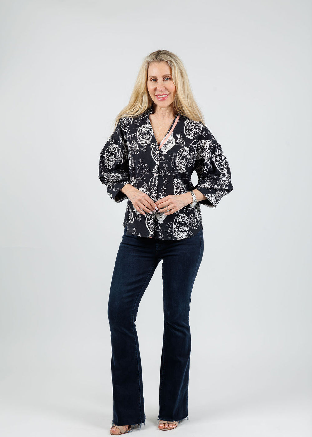 Dizzy-Lizzie Oversized Puff Sleeve Shirt in Black White available at Barbara Katz