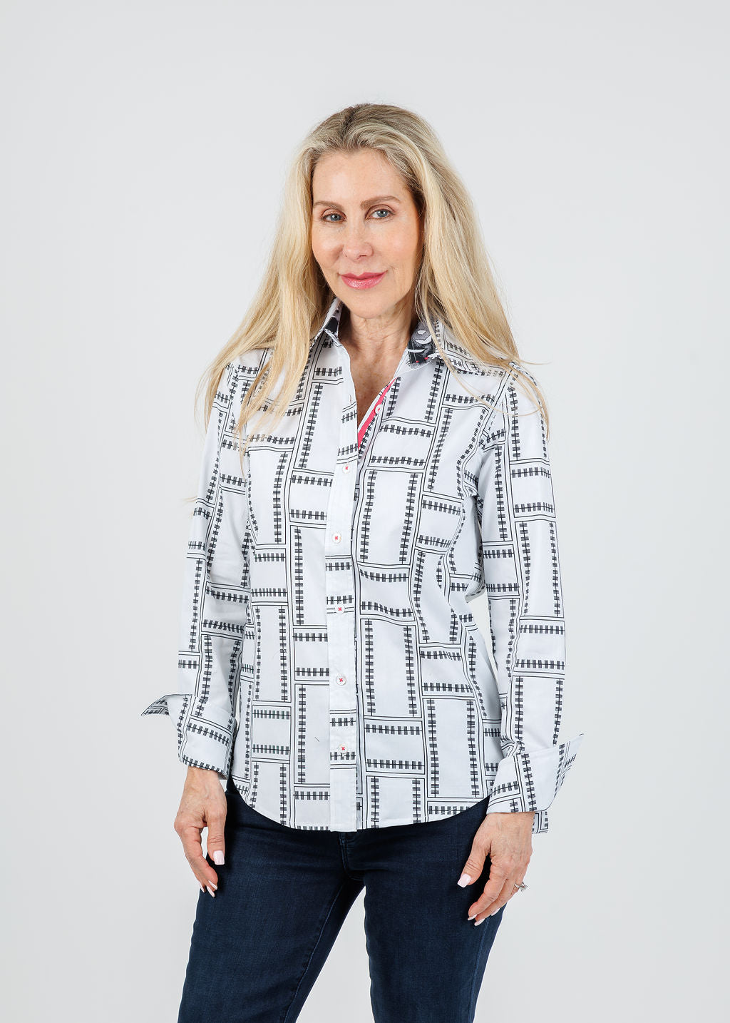 Dizzy-Lizzie Rome 3/4 Sleeve Shirt in Black White Tiles available at Barbara Katz