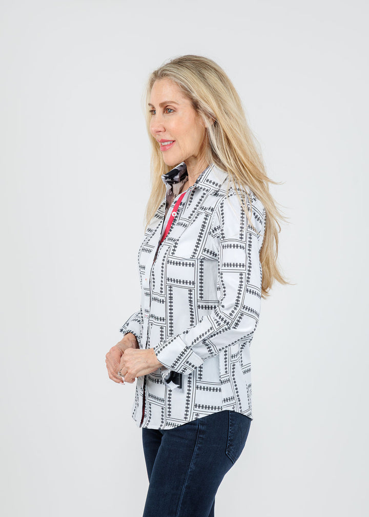 Dizzy-Lizzie Rome 3/4 Sleeve Shirt in Black White Tiles available at Barbara Katz