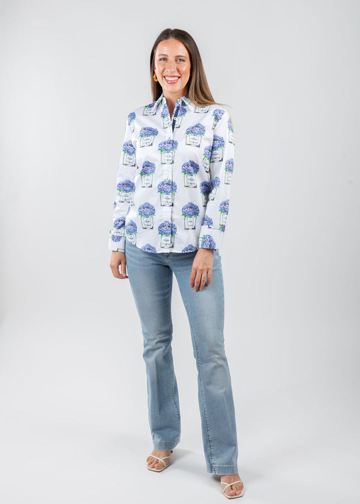 Dizzy-Lizzie Rome Shirt in White with Perfume and Hydrangeas print paired with MAC Dream Boot Jeans Summer Blue Clouds Wash available at Barbara Katz