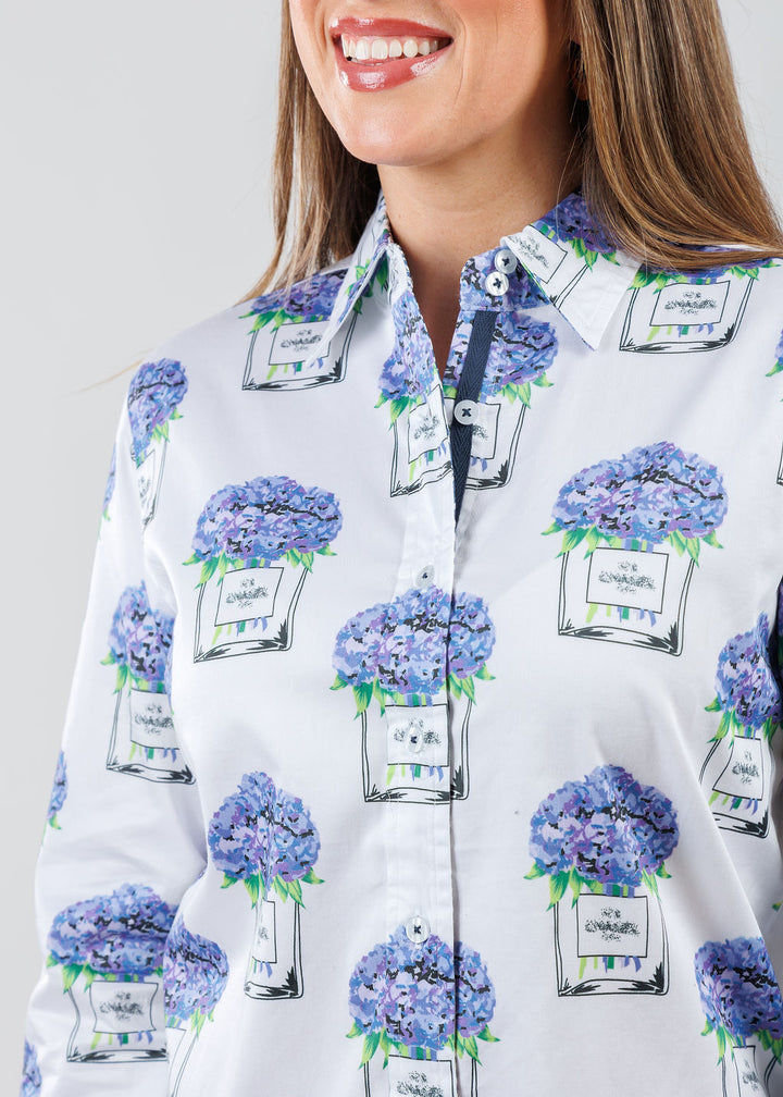 Dizzy-Lizzie Rome Shirt in White with Perfume and Hydrangeas print available at Barbara Katz