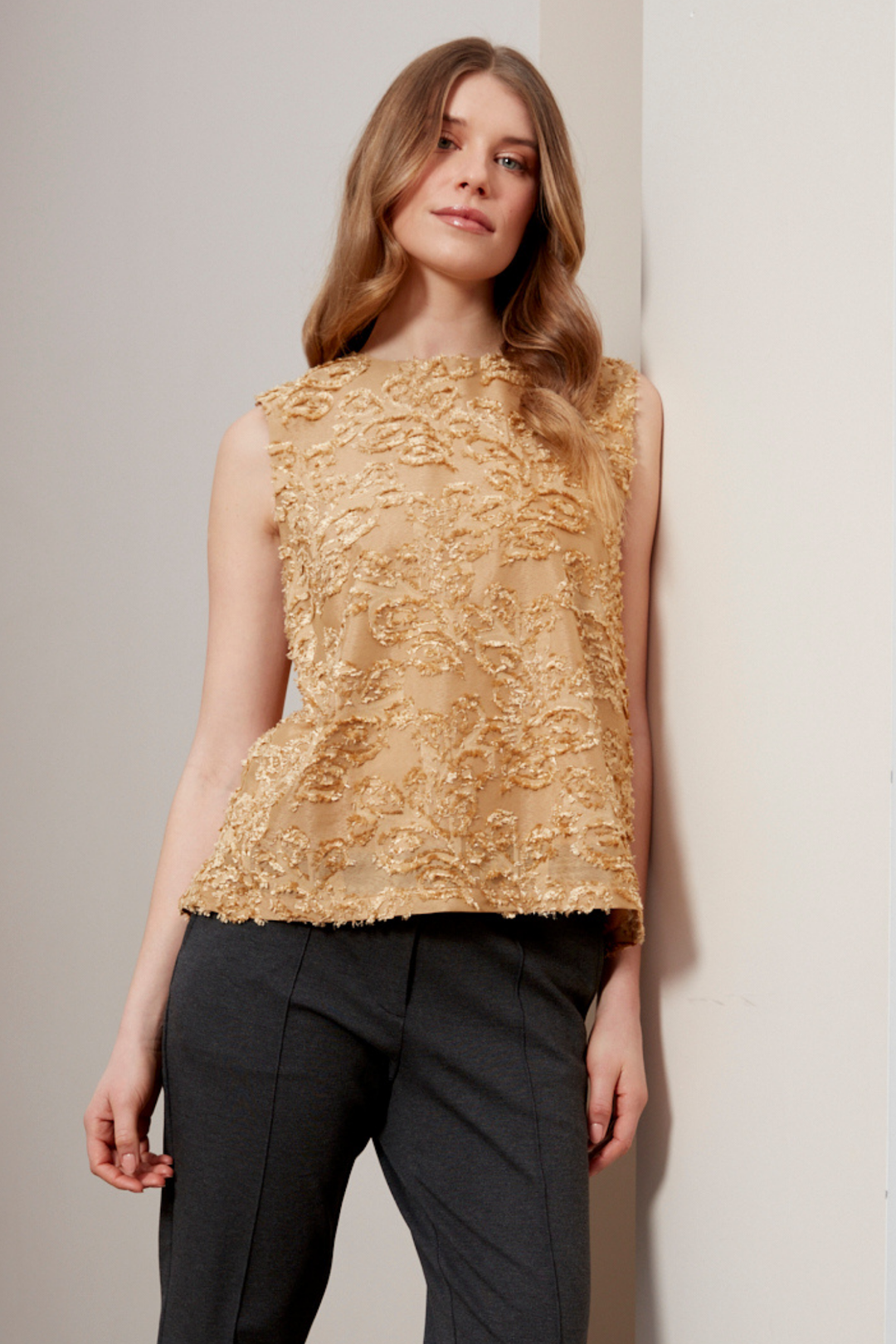 Adroit Atelier Dolly Sleeveless Blouse With Back Pleat in Gold available at Barbara Katz