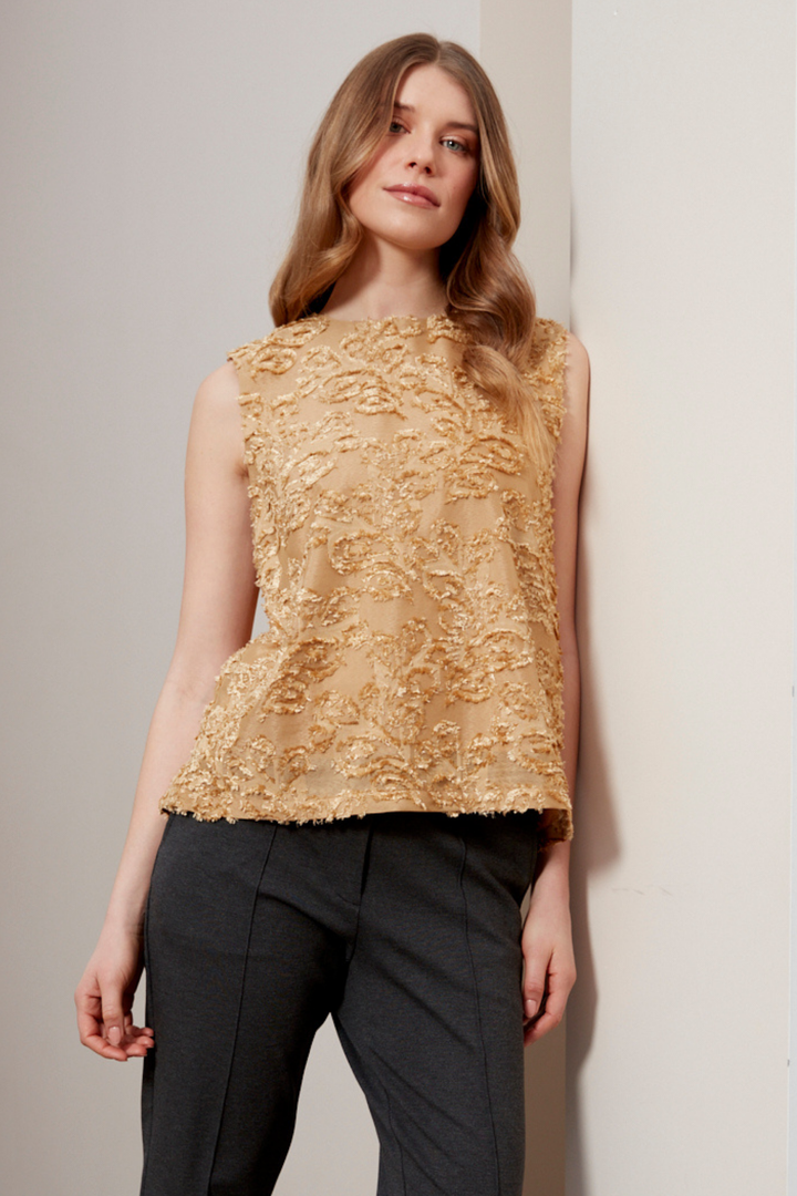 Adroit Atelier Dolly Sleeveless Blouse With Back Pleat in Gold available at Barbara Katz