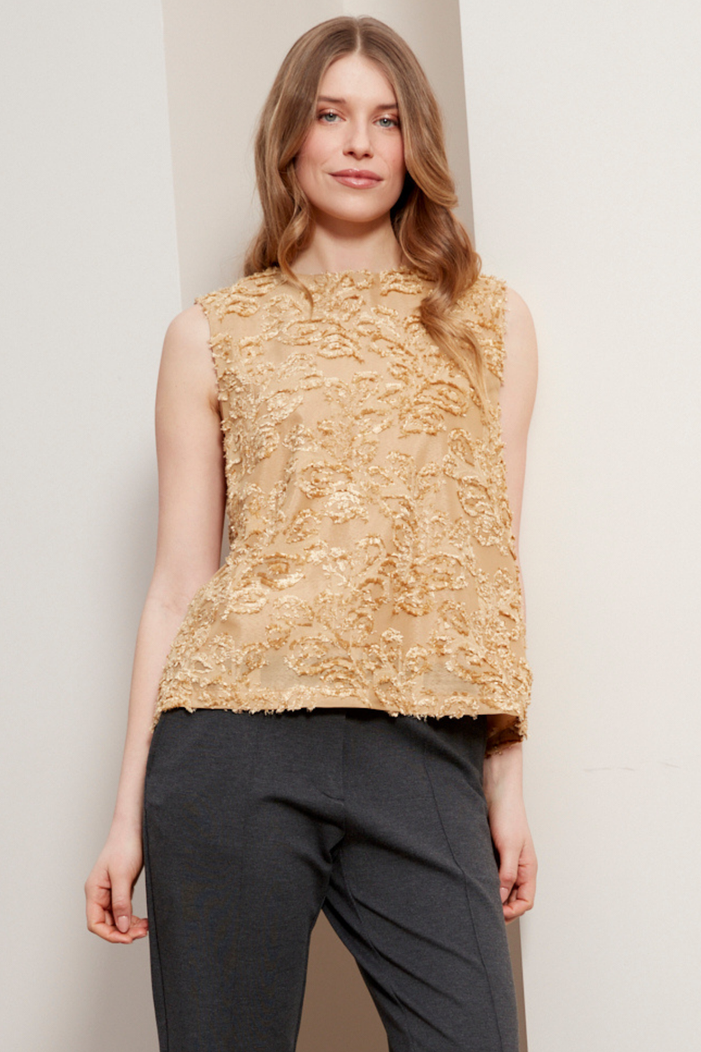 Adroit Atelier Dolly Sleeveless Blouse With Back Pleat in Gold available at Barbara Katz