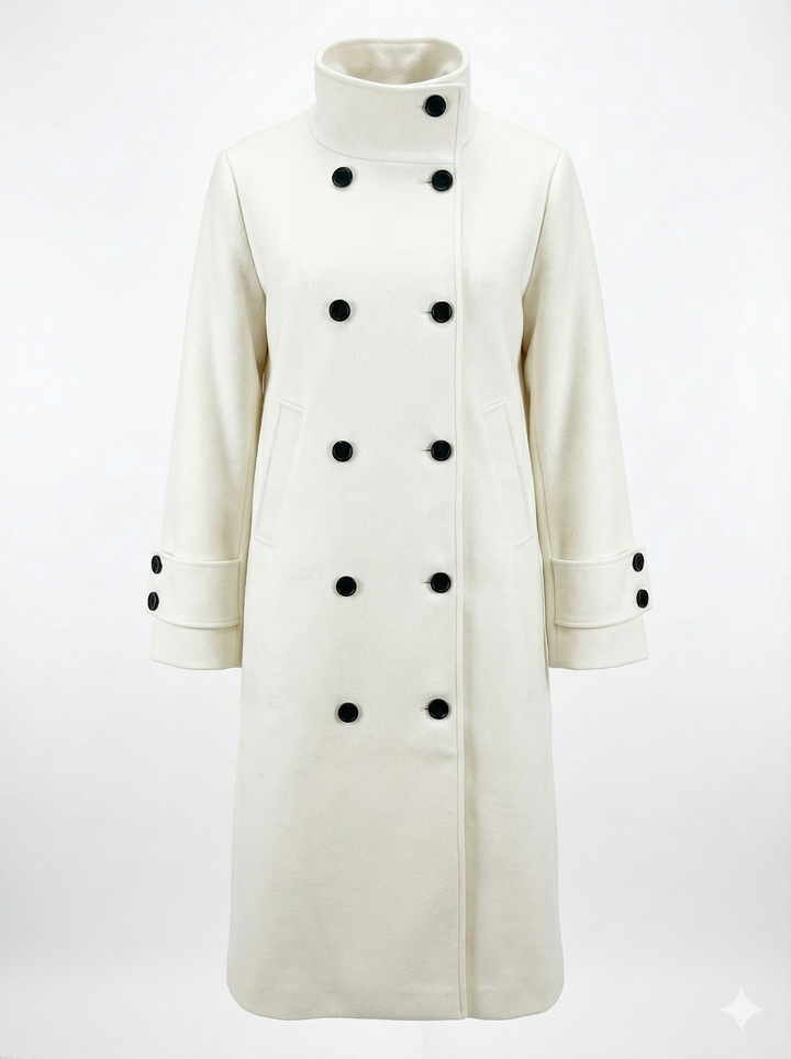 Adroit Atelier Dorian Long Double-Breasted Funnel-Neck Coat in Cream available at Barbara Katz