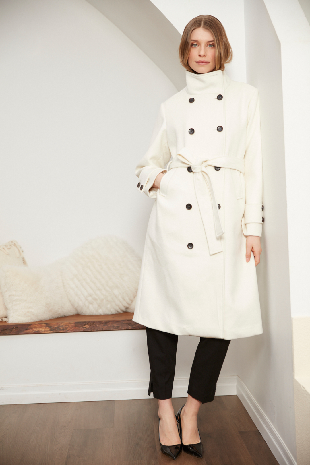 Adroit Atelier Dorian Long Double-Breasted Funnel-Neck Coat in Cream available at Barbara Katz