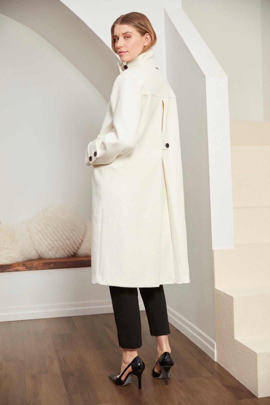 Adroit Atelier Dorian Long Double-Breasted Funnel-Neck Coat in Cream available at Barbara Katz