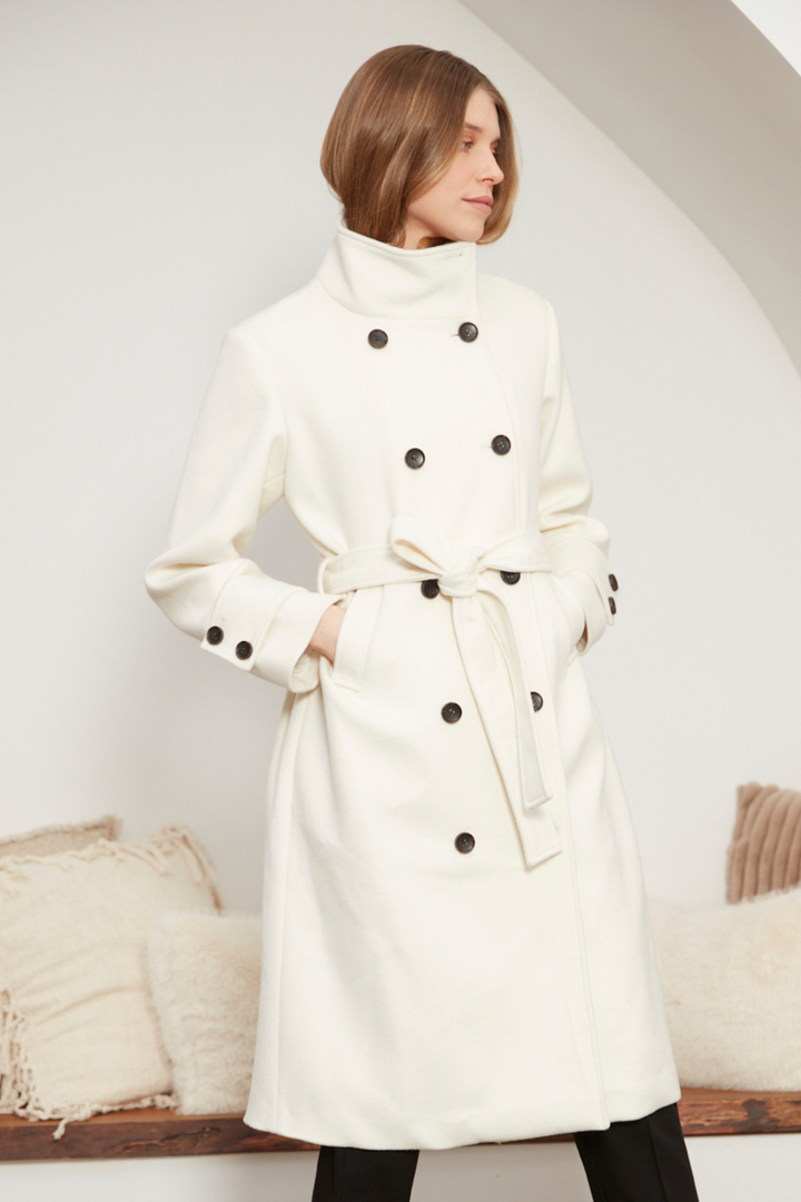 Adroit Atelier Dorian Long Double-Breasted Funnel-Neck Coat in Cream available at Barbara Katz