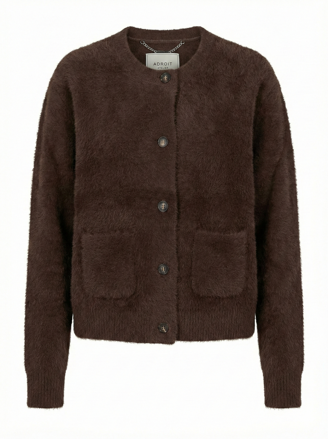 Adroit Atelier Dottie Knitted Eyelash Cardigan With Patch Pockets in Chocolate Torte available at Barbara Katz
