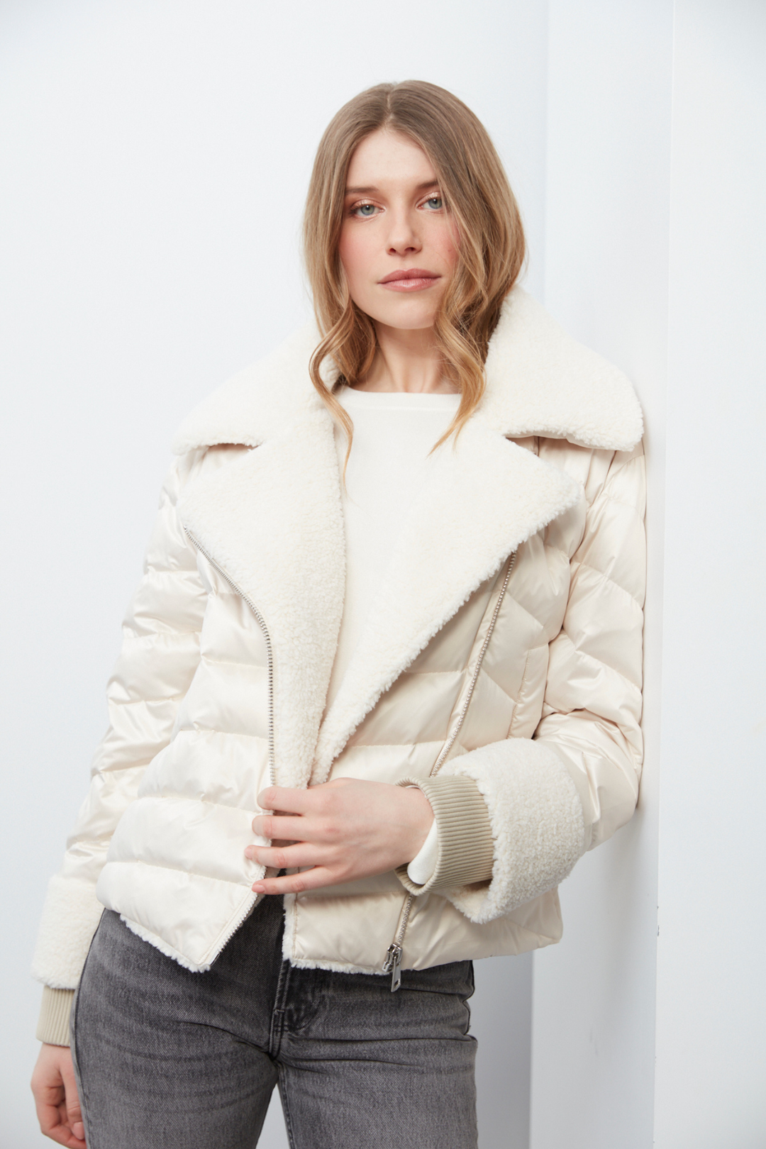 Adroit Atelier Drake Quilted Moto-Style Down Jacket With Sherpa Detail in Cream available at Barbara Katz