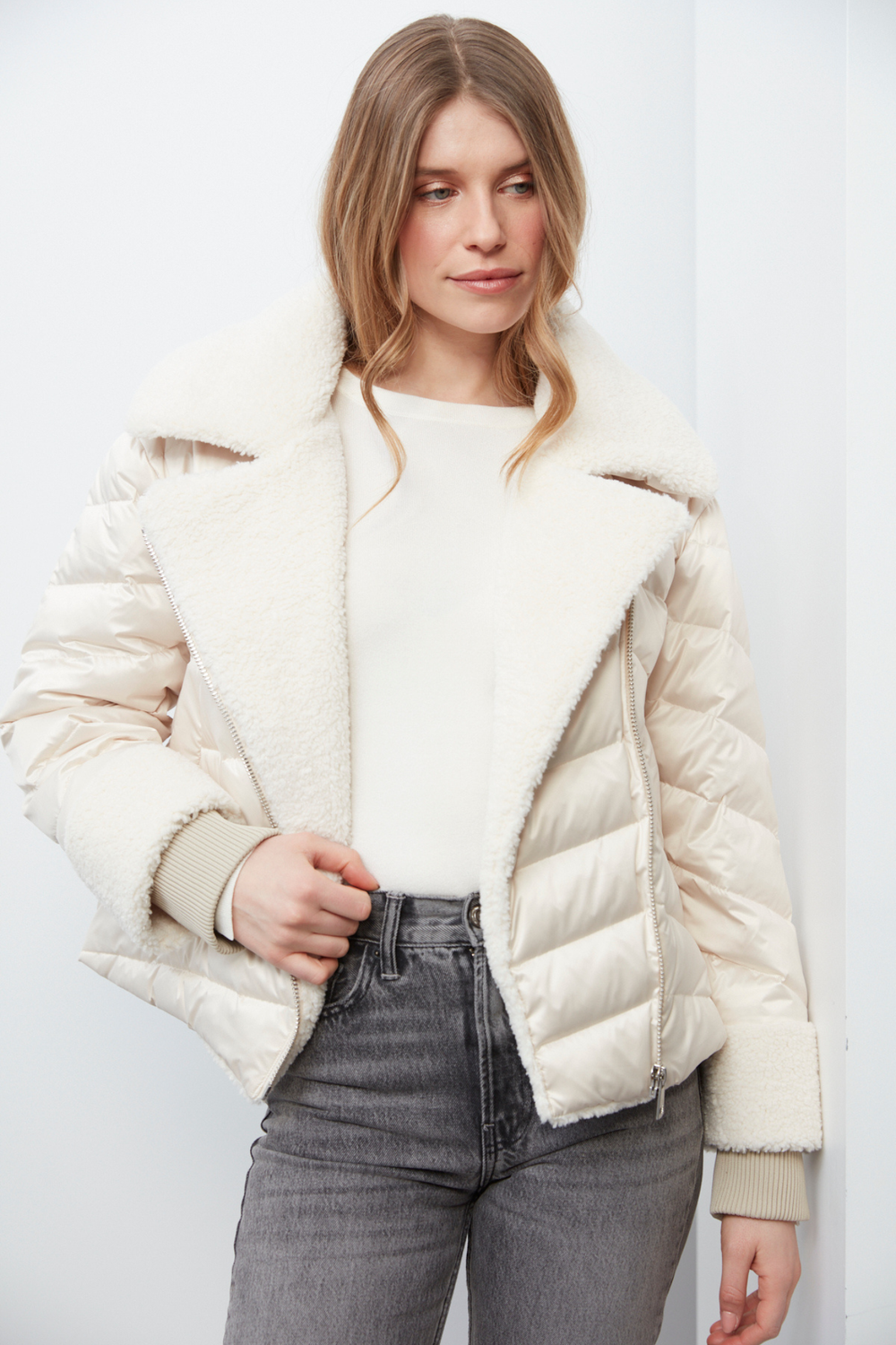 Adroit Atelier Drake Quilted Moto-Style Down Jacket With Sherpa Detail in Cream available at Barbara Katz