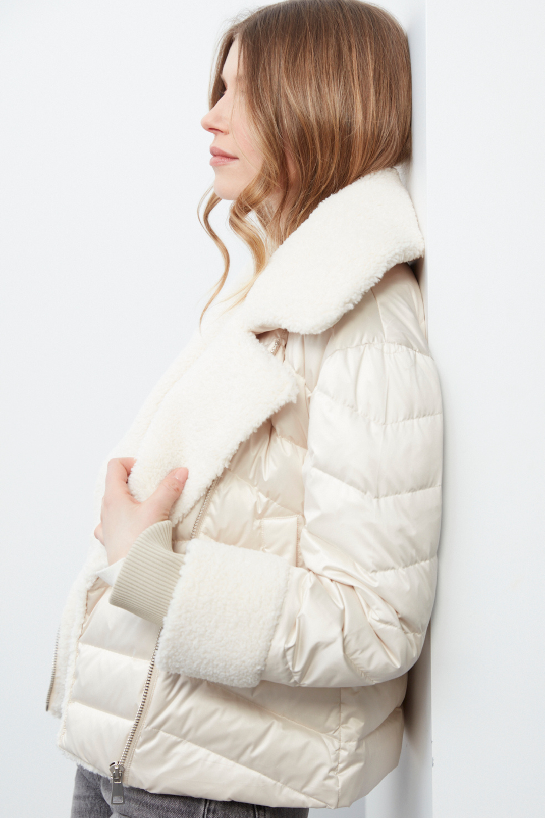 Adroit Atelier Drake Quilted Moto-Style Down Jacket With Sherpa Detail in Cream available at Barbara Katz