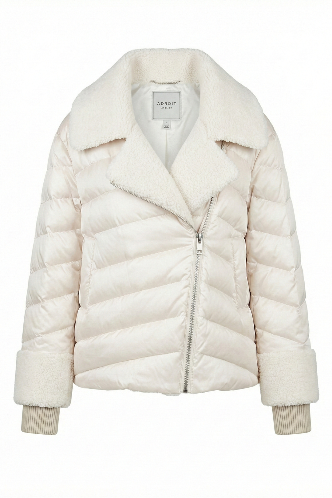 Adroit Atelier Drake Quilted Moto-Style Down Jacket With Sherpa Detail in Cream available at Barbara Katz
