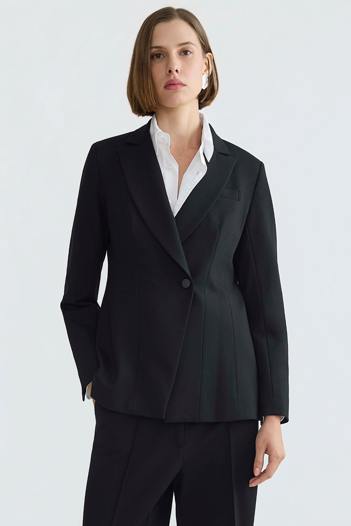 Adroit Atelier Drew Single-Breasted Asymmetrical Stretch Ponte Blazer in Black available at Barbara Katz