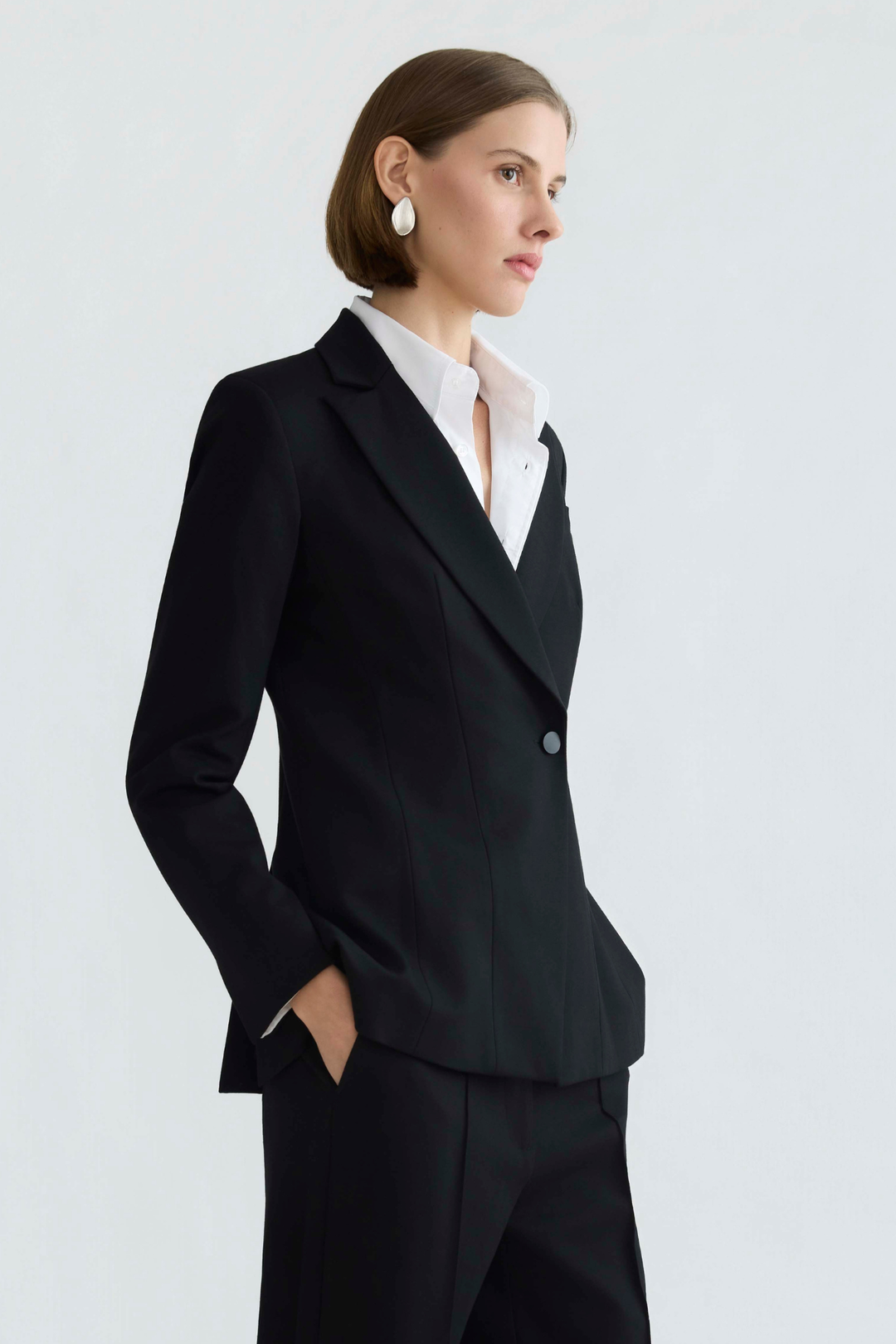 Adroit Atelier Drew Single-Breasted Asymmetrical Stretch Ponte Blazer in Black available at Barbara Katz