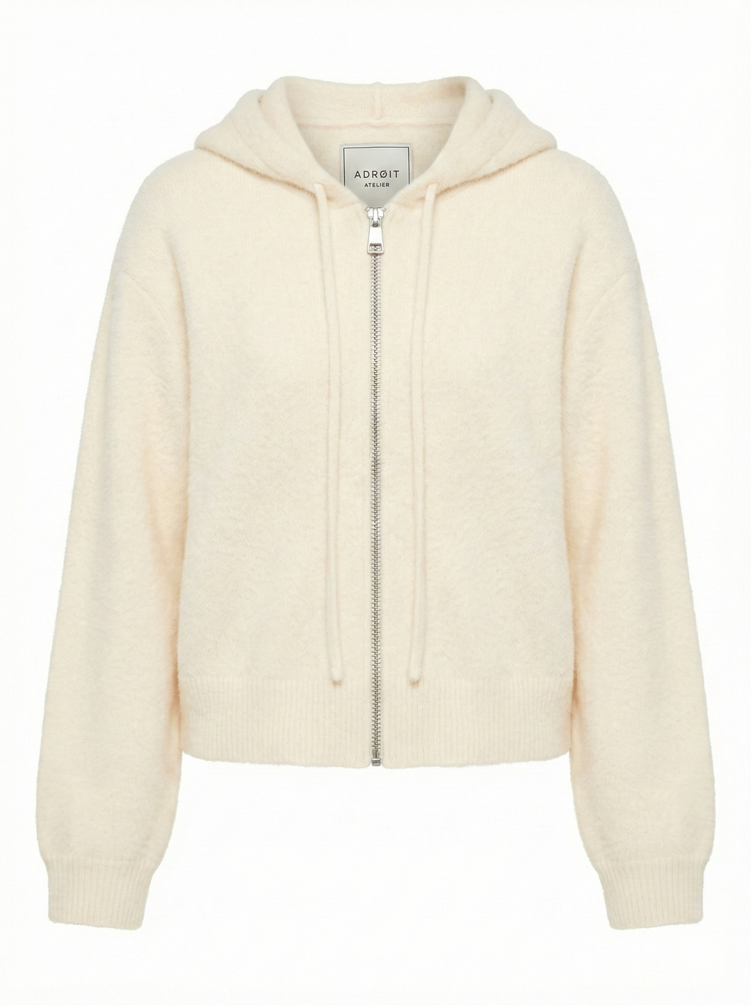 Adroit Atelier Dulce Knitted Eyelash Zipped Front Hoodie in Cream available at Barbara Katz