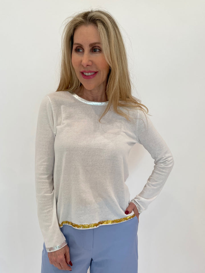 Peace of Cloth White Sasha Long Sleeve Crew Top With Foil Trim available at Barbara Katz