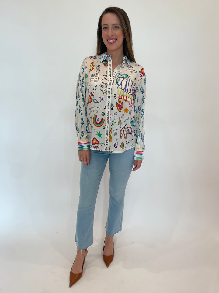ME369 Isabel Enlightenment Printed Shirt paired with MOTHER The Hustler Ankle Fray Jeans in Ball's In Your Court available at Barbara Katz