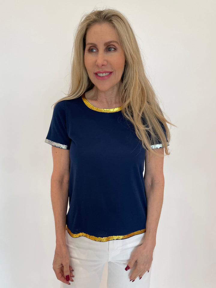 Peace of Cloth Navy Sonya Short Sleeve Crew Top With Foil Trim available at Barbara Katz