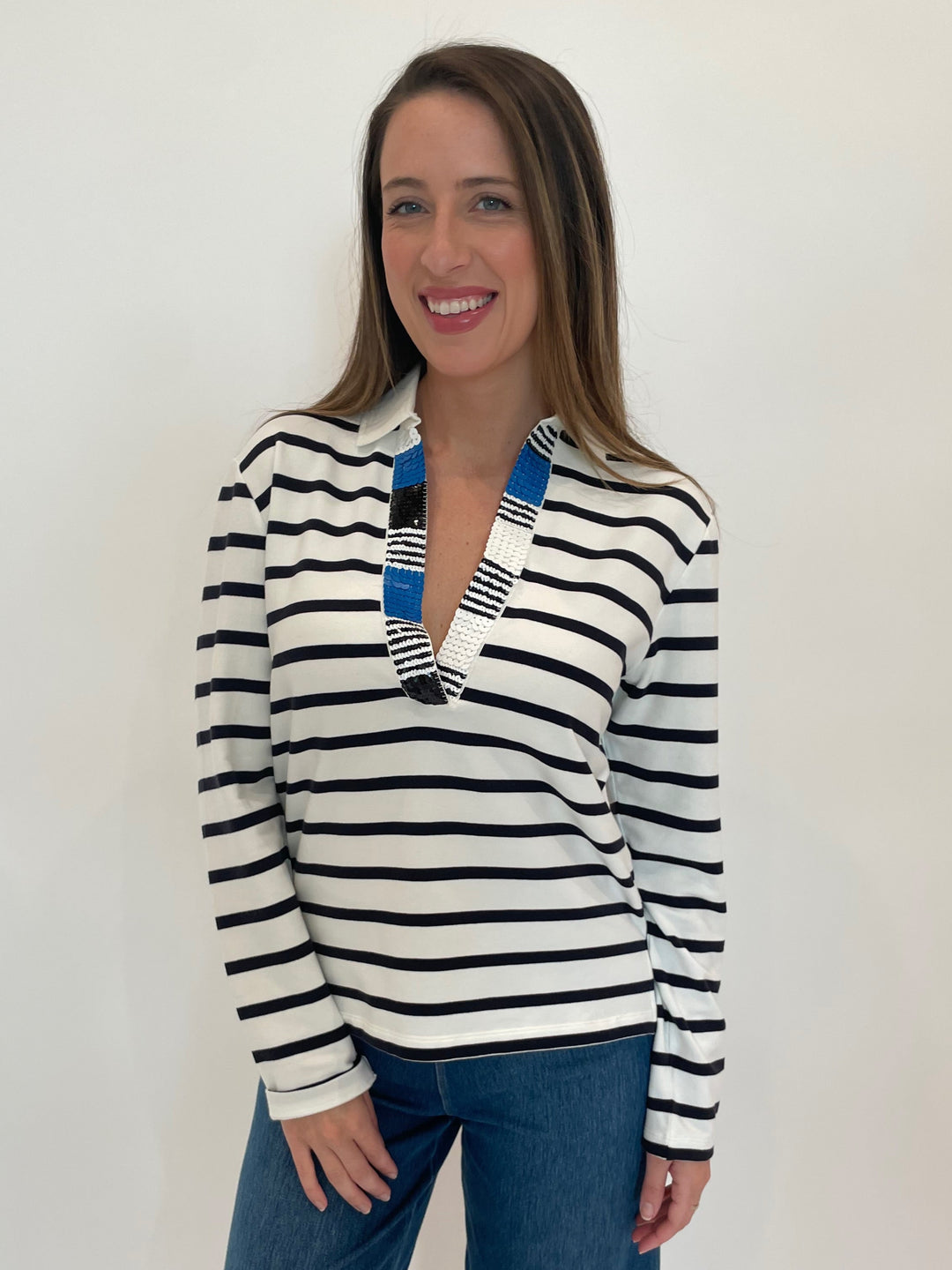 Margittes Sequin Trim Long Sleeve Stripe Polo in Marine available at Barbara Katz