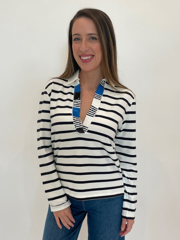 Margittes Sequin Trim Long Sleeve Stripe Polo in Marine available at Barbara Katz