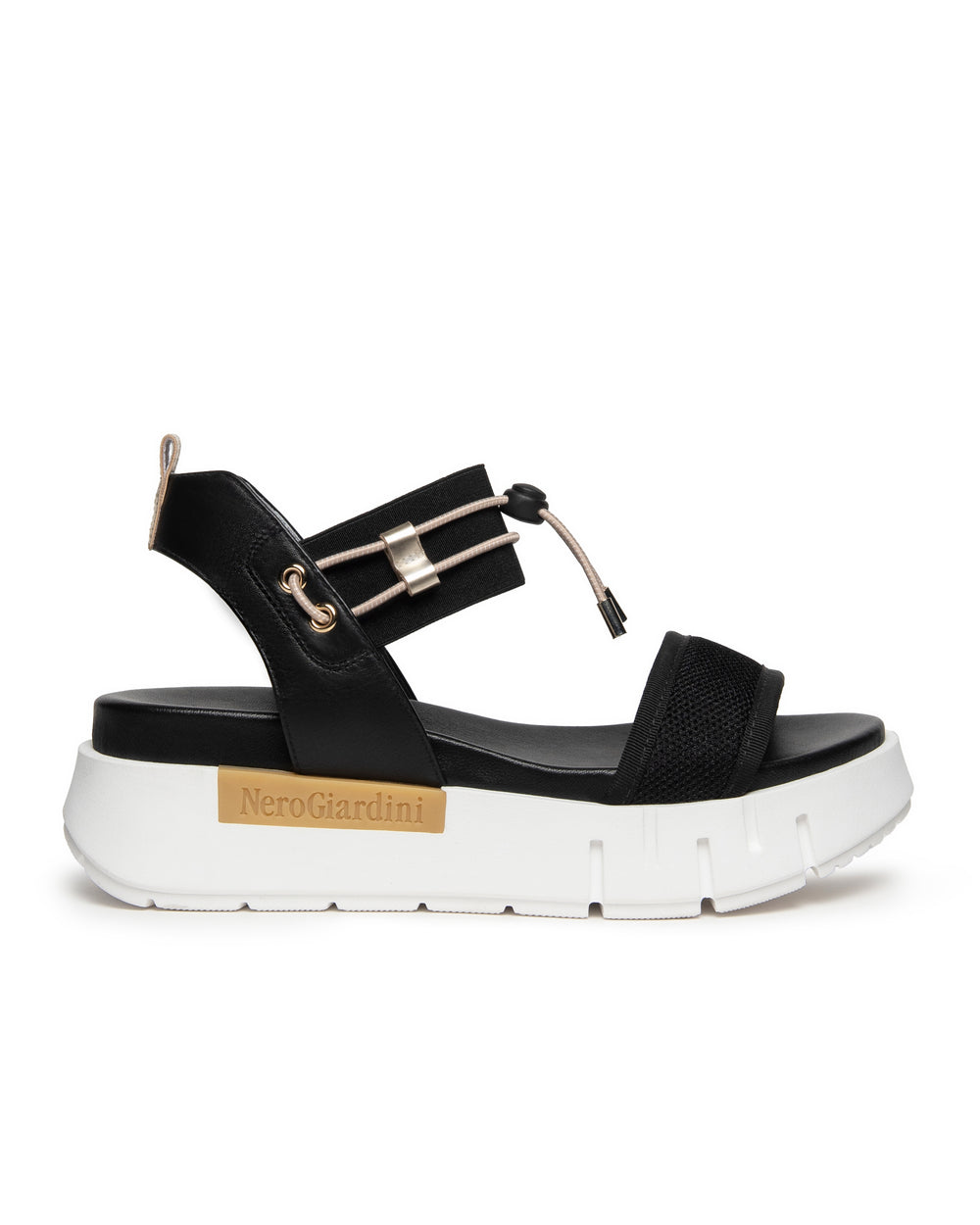 Nero Giardini Bungee Platform Flat Sandal in BLack available atBarbara Katz